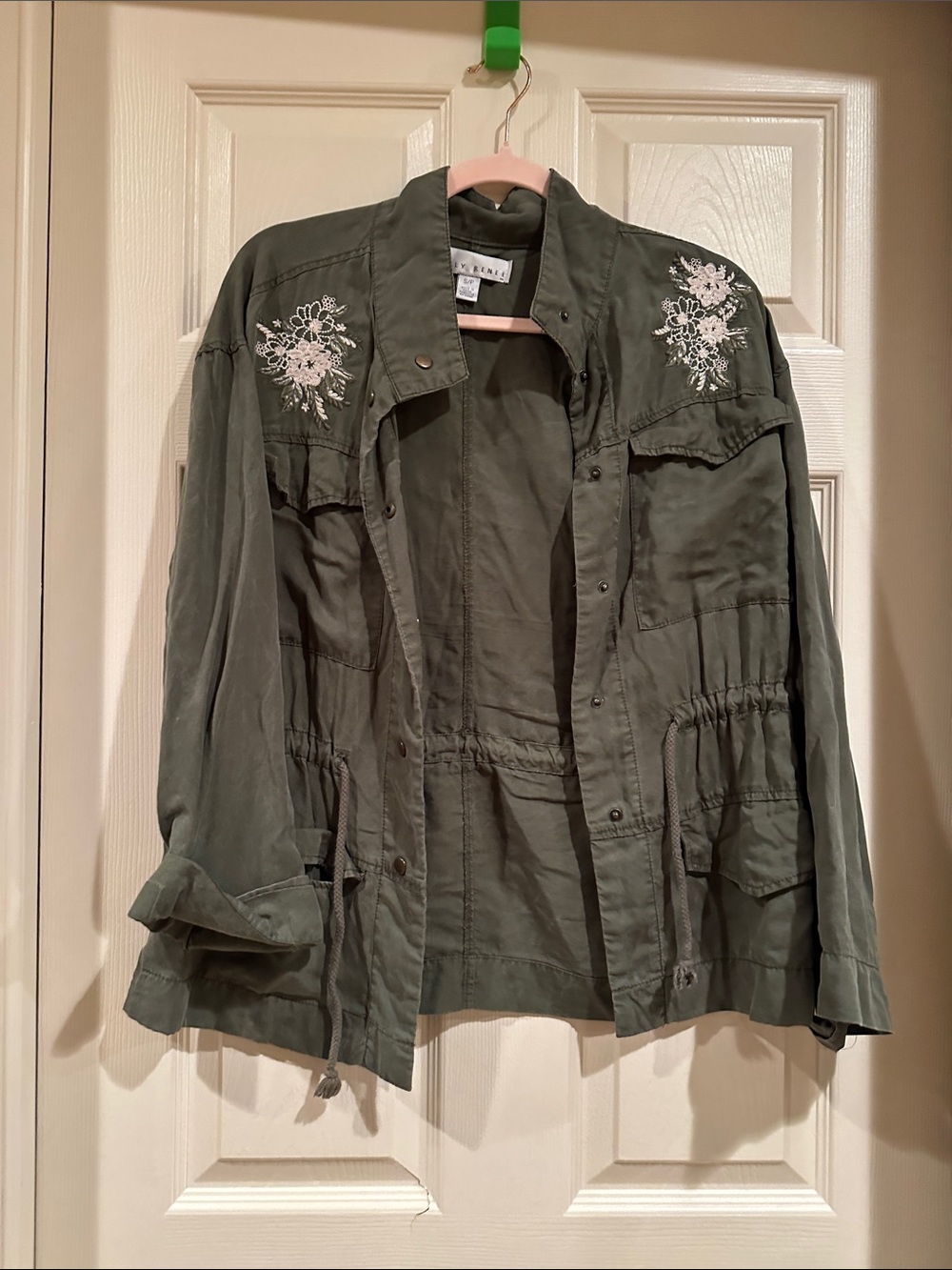 Embroidered Olive Utility Jacket with Drawstring Waist - Unbranded